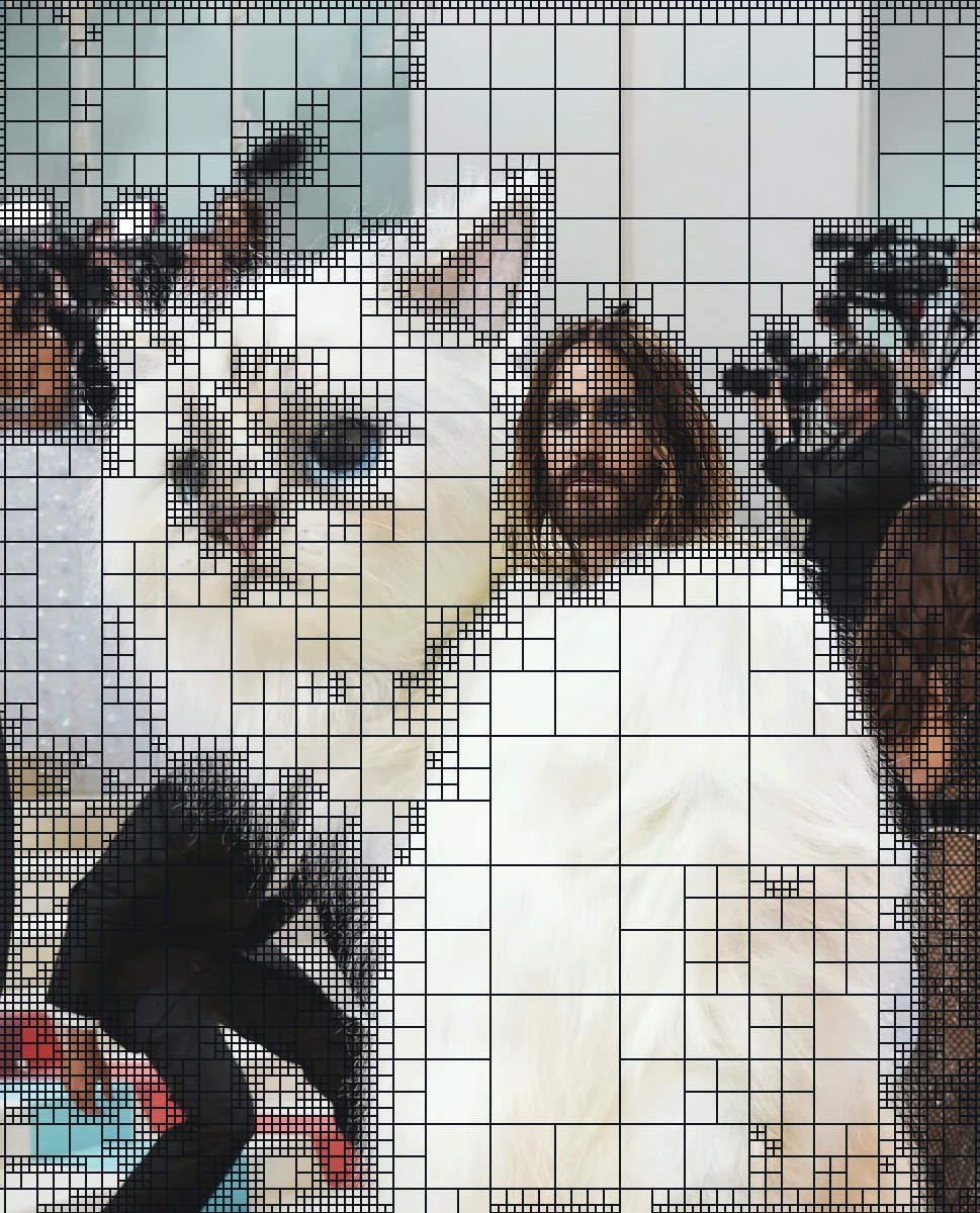 Jared Leto in the Choupette cat costume at the 2023 Met Gala with the quadtree drawn over it in black: large cells where the frame is flat, dividing down to the smallest across both faces and the press pit behind him